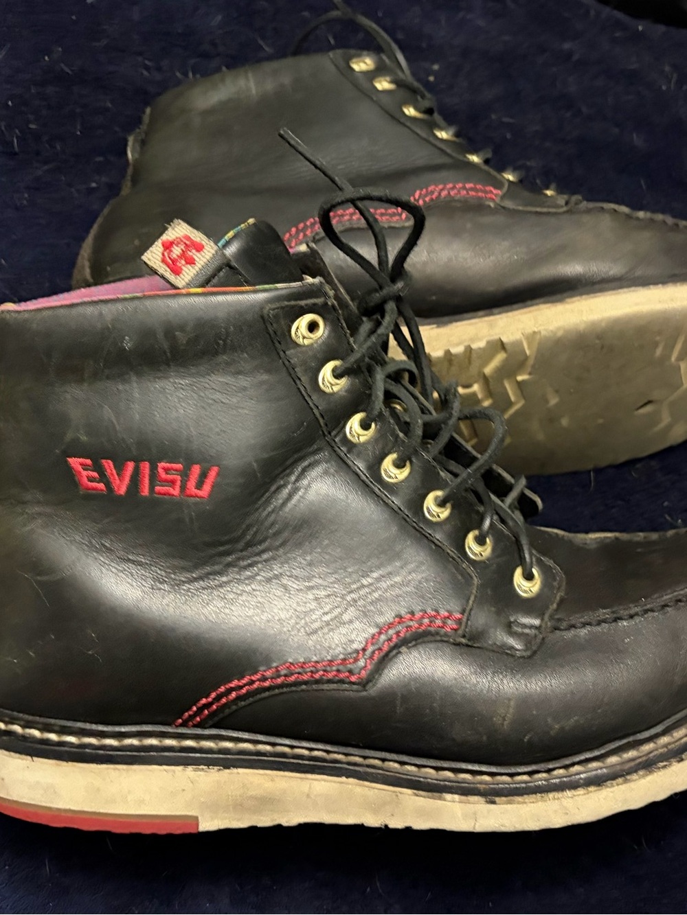 Evisu Black Leather Ankle Boots with Red Stitching and Red Logo